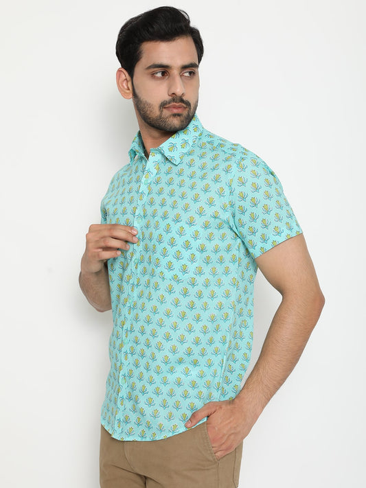 Light blue Short Sleeve Cotton Hand Block Printed Menās Shirt