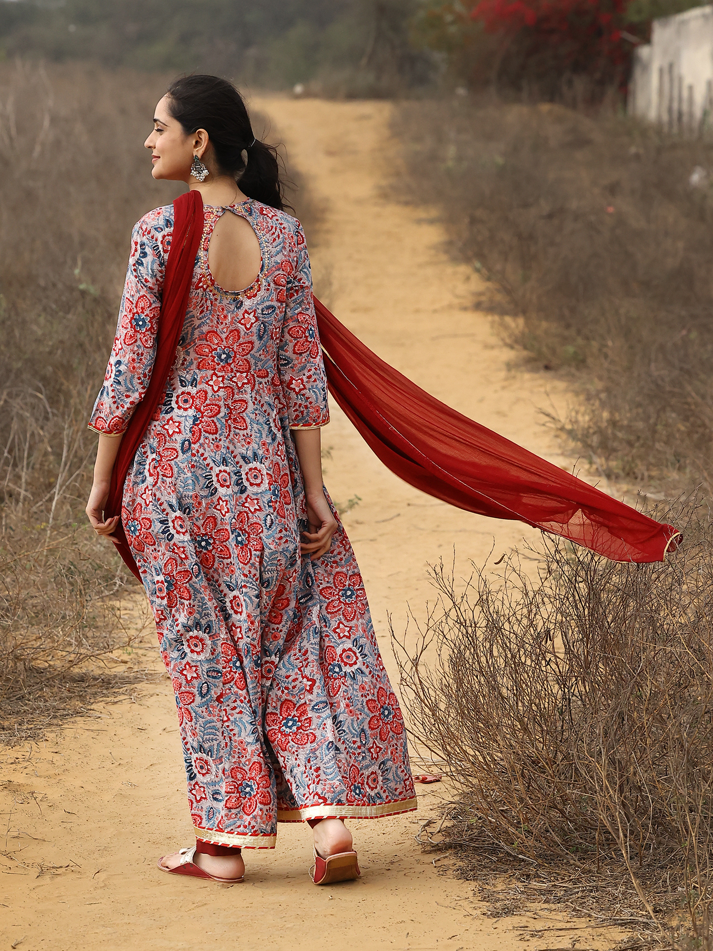 Pink Hand Block Printed Cotton Anarkali Kurta Set with Sequin Work & Shiffon Dupatta