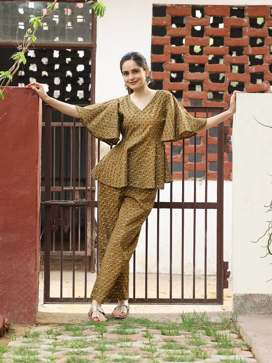 Yellow Hand Block Bagru Printed  Frilled Sleeve Cotton Co-ord Set