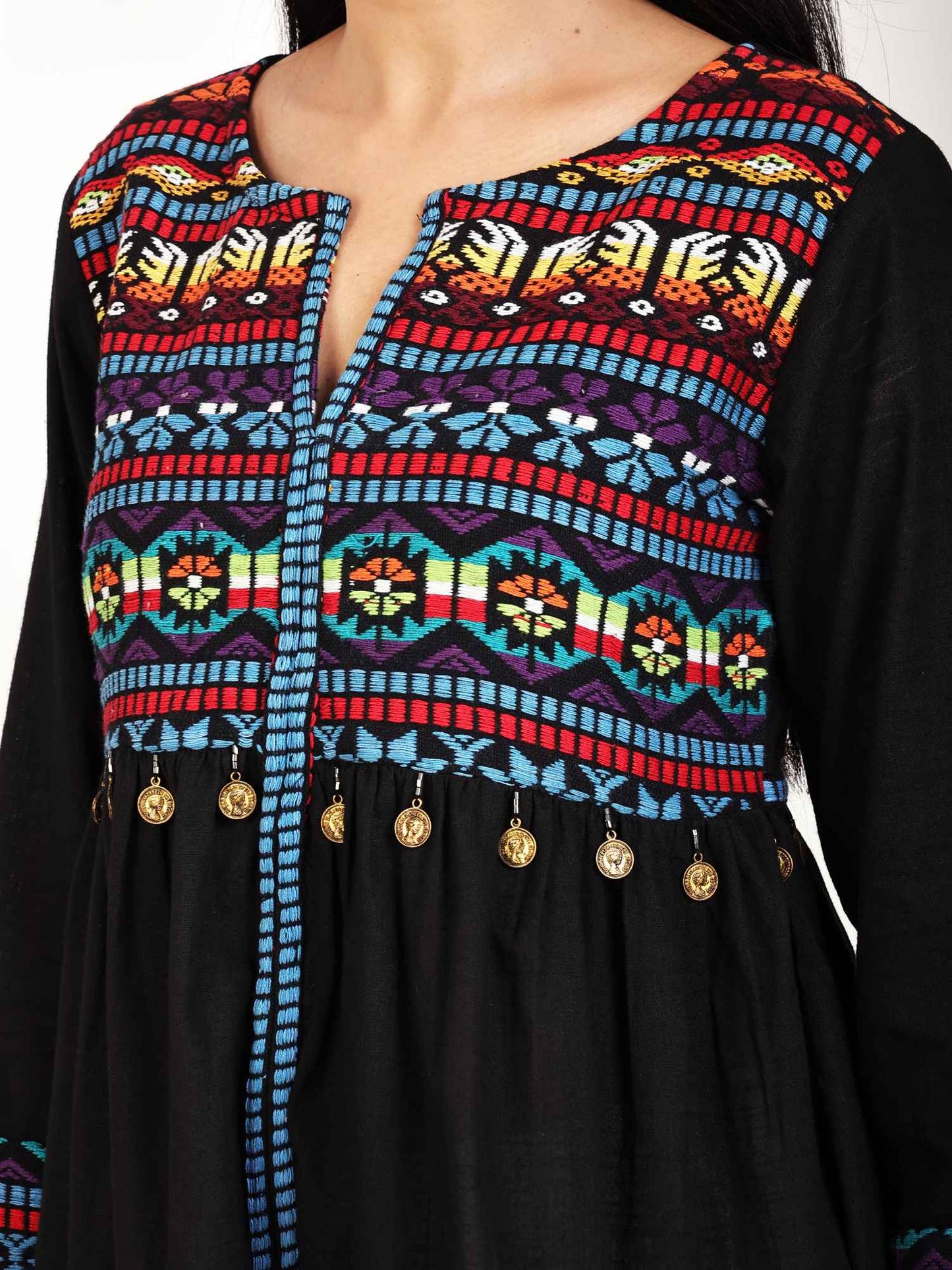 Black Jacquard Weave Peplum Top for Women Round V Neck