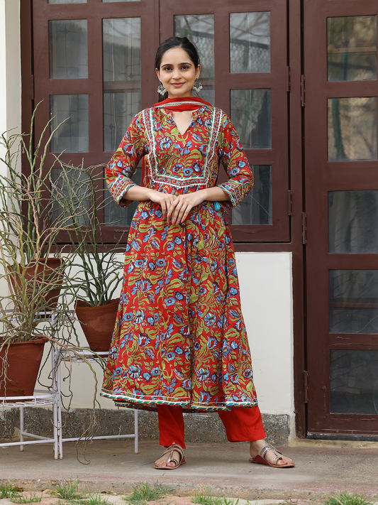 Red Hand Block Cotton Printed Anarkali Kurta Set