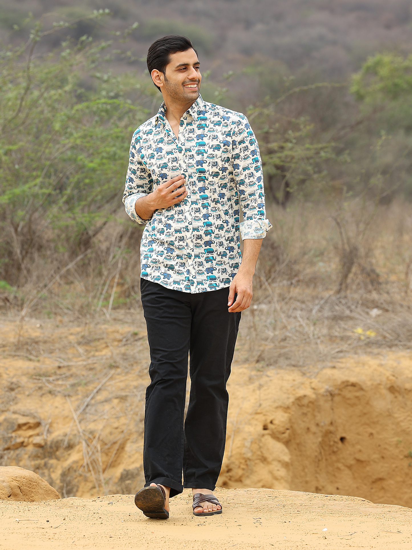 Full Sleeve Hand Block Elephant Printed Mens Cotton Shirt (Blue)