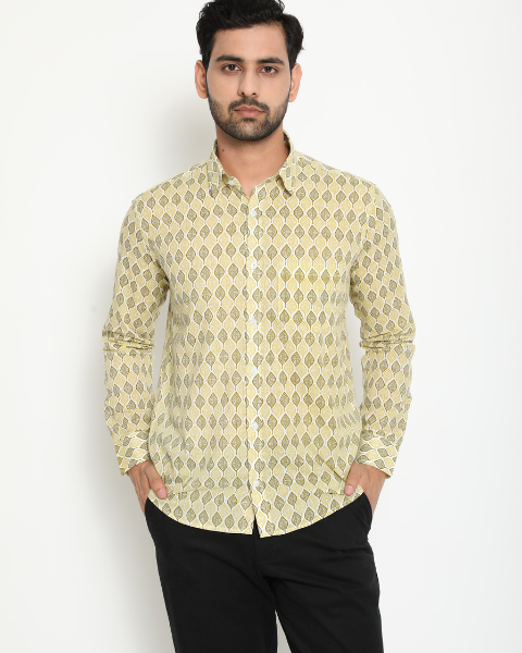 Light Green Full Sleeve Cotton Hand Block Printed Men’s Shirt