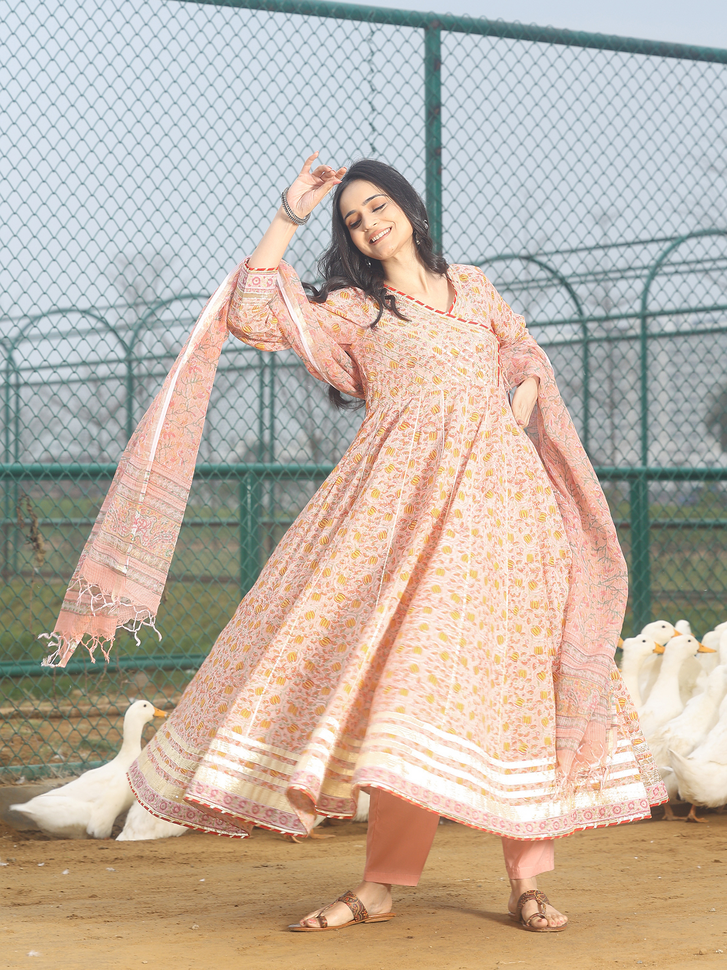 Peach Hand Block Printed Heavy Anarkali Kurta Set with Gotta Work & Kota Doriya Dupatta
