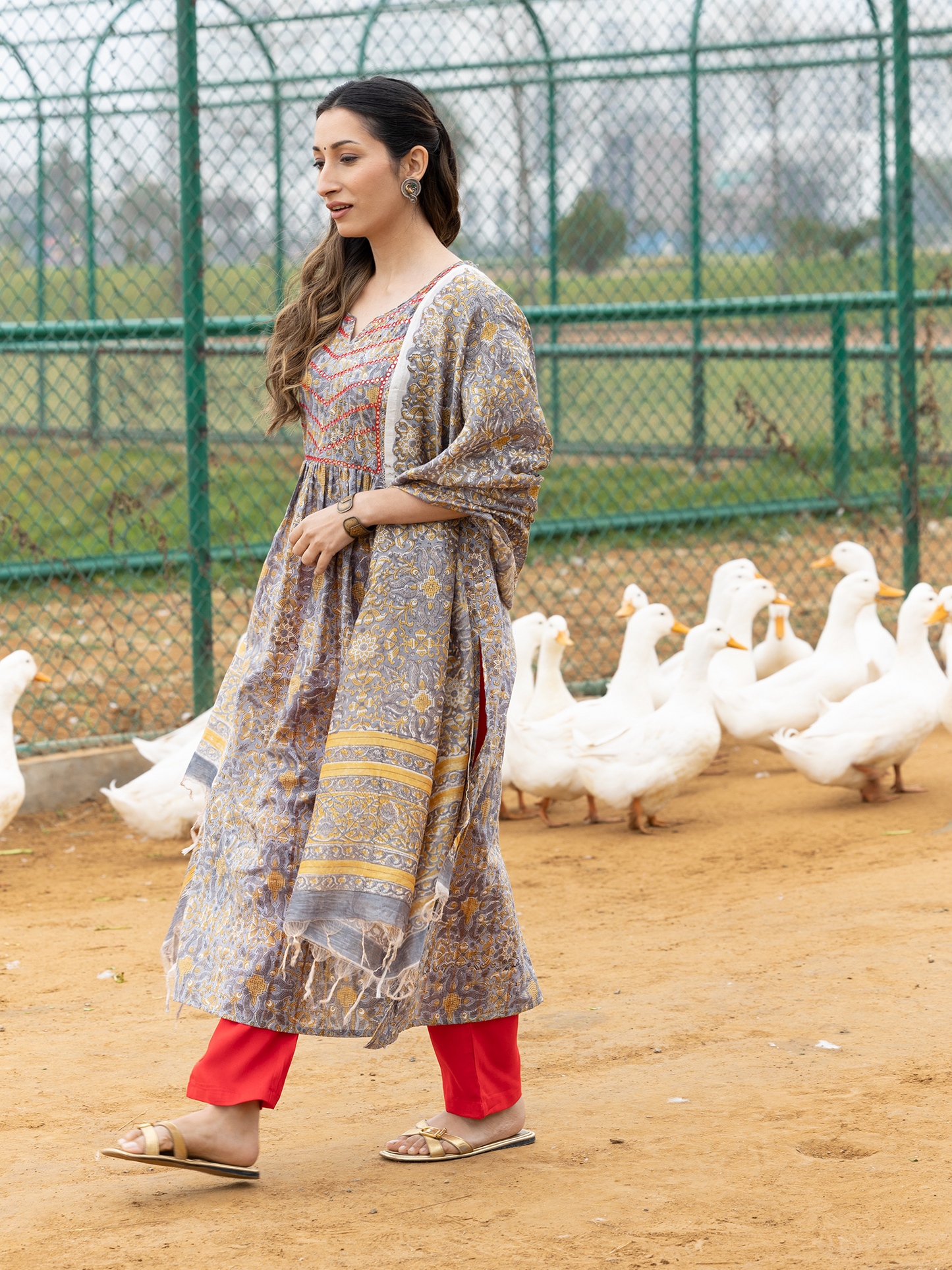 Grey Hand Block Printed Anarkali Kurta Set with Pant & Chiffon Dupatta