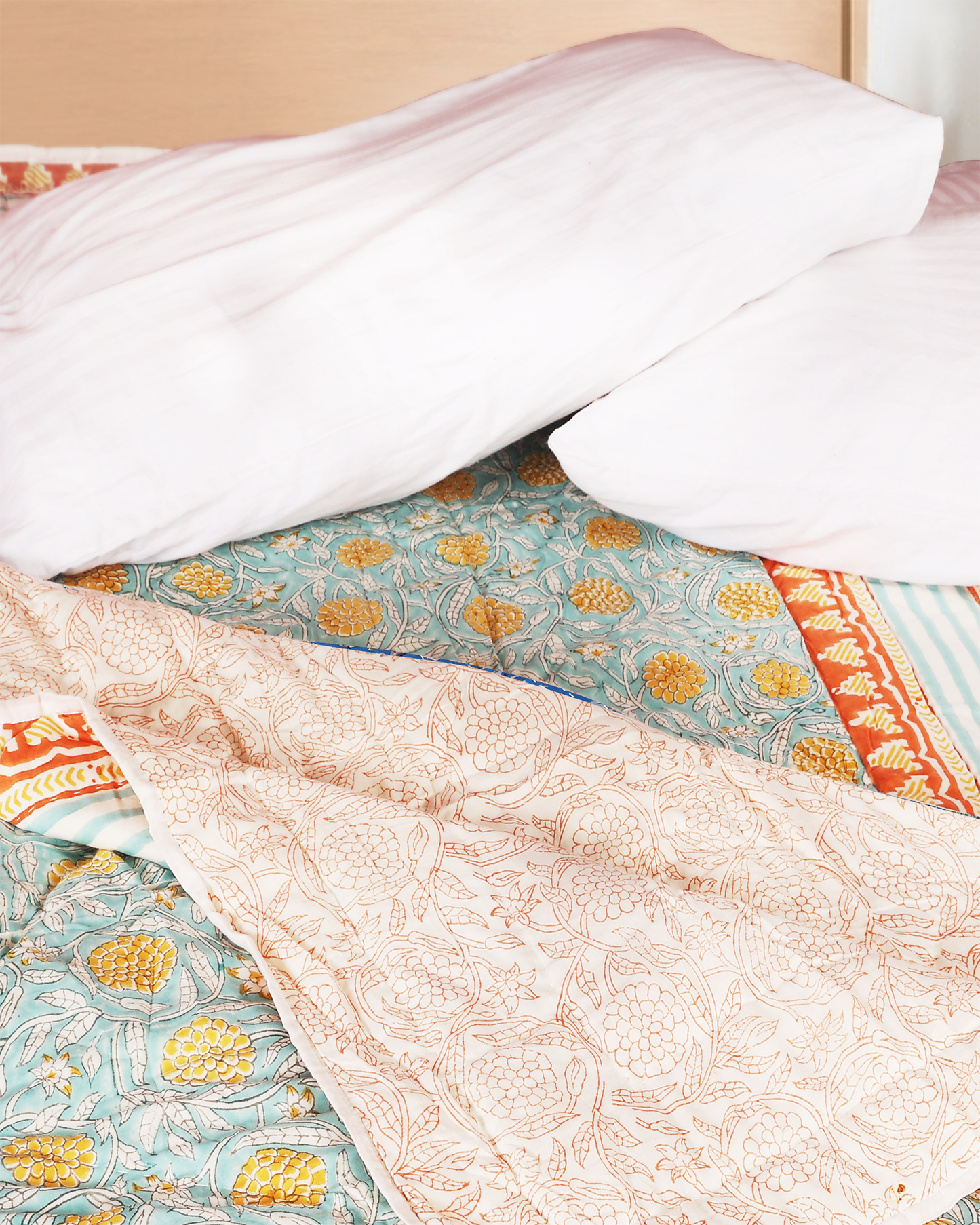Light Blue Hand Block Printed Reversible Single Quilt Set