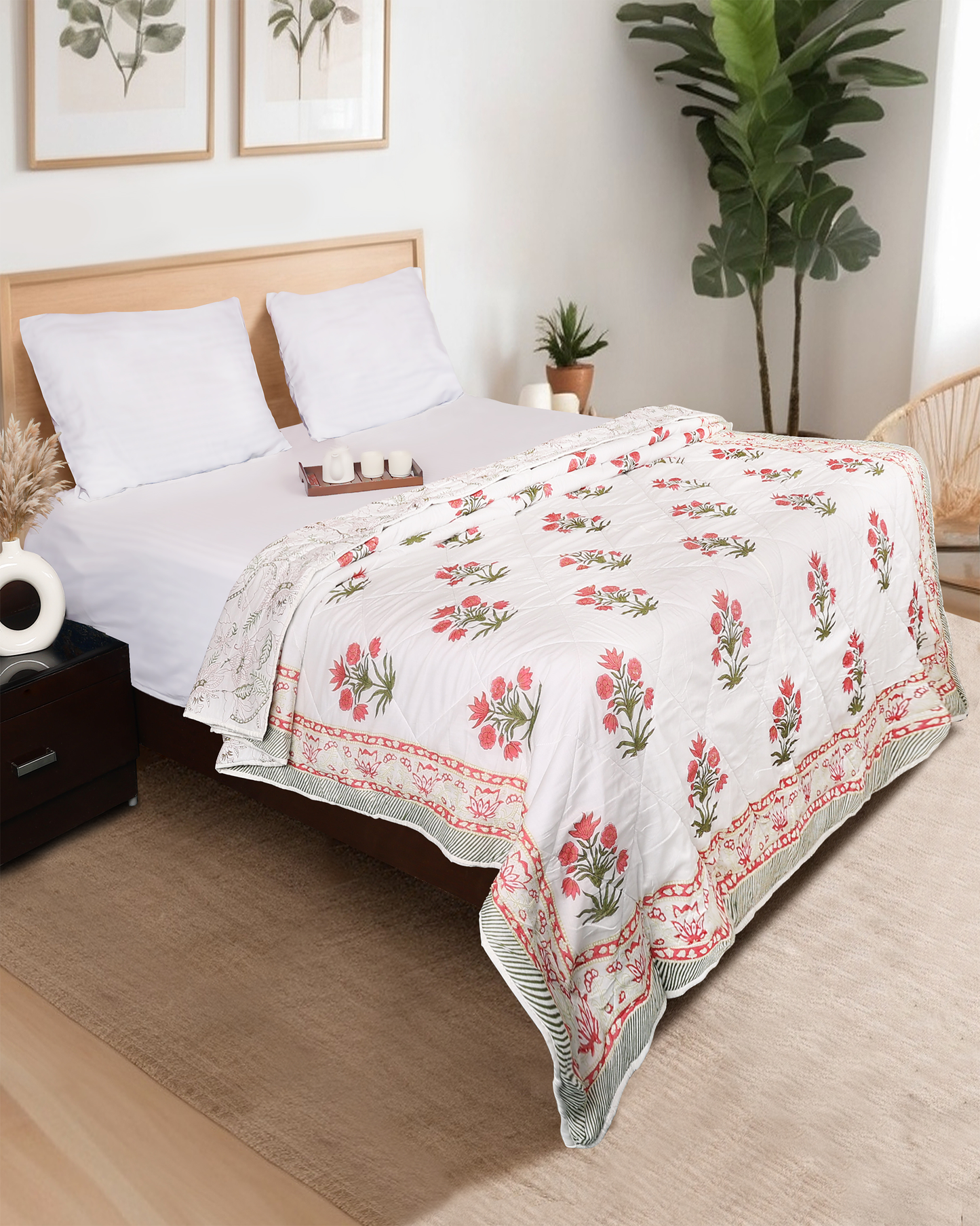 White Hand Block Printed Reversible Double Bed Quilt