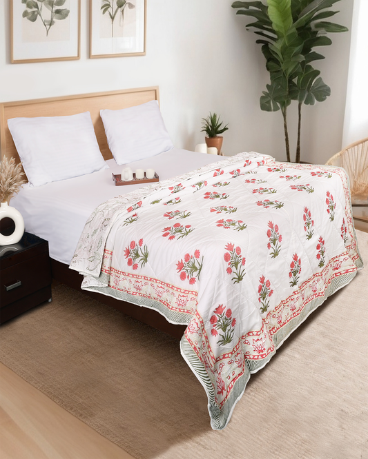 White Hand Block Printed Reversible Double Bed Quilt