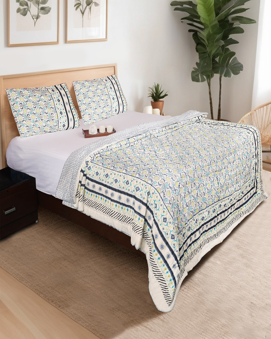 White Hand Block Printed Reversible Double Bed Quilt Set