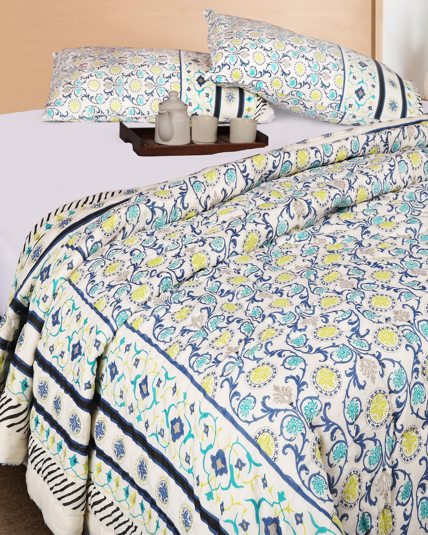 White Hand Block Printed Reversible Double Bed Quilt Set