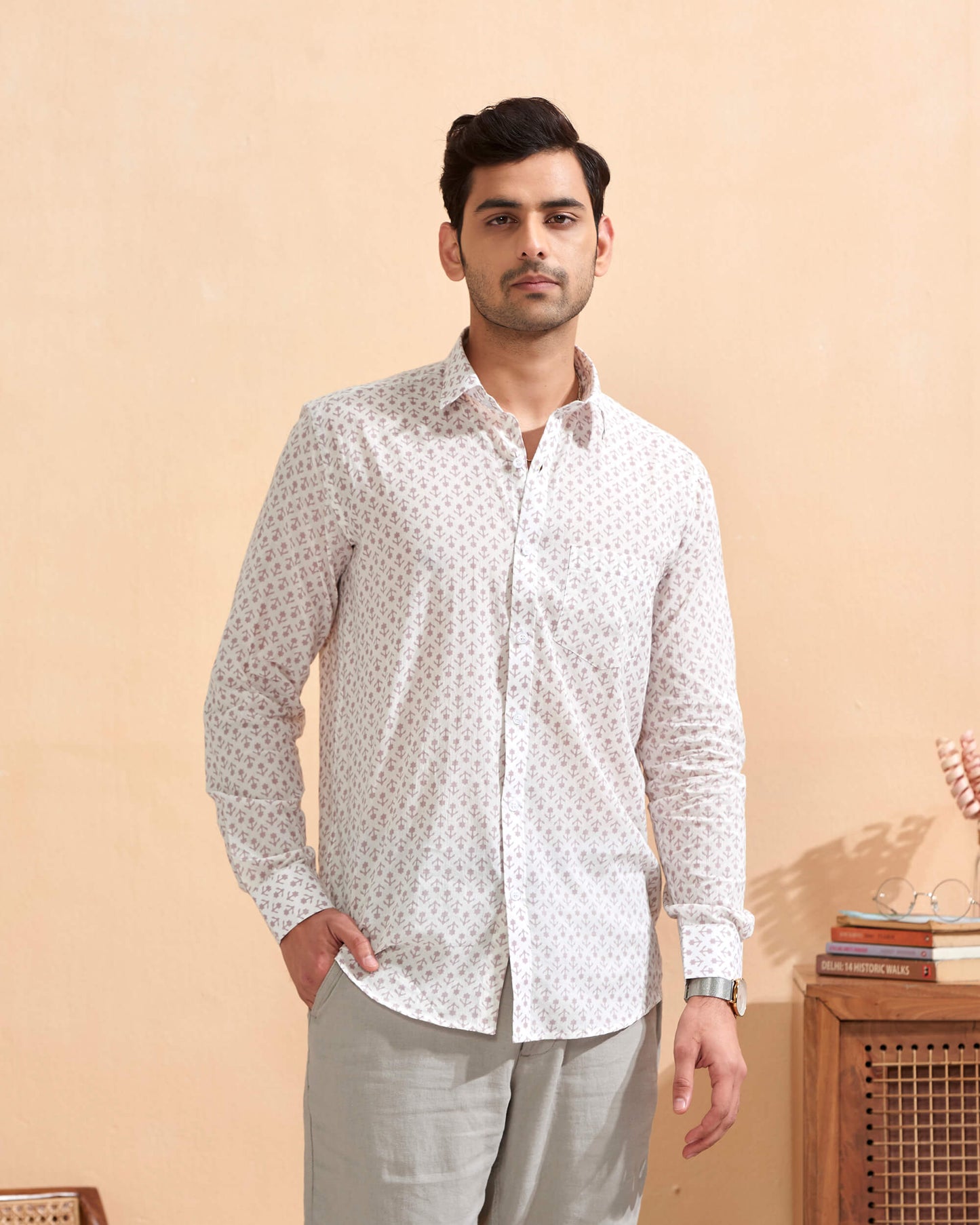 White Full Sleeve Cotton Hand Block Printed Men's Shirt