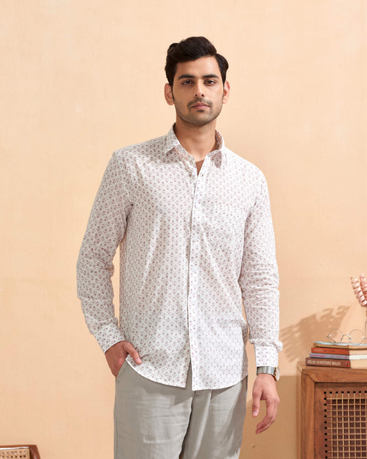 White Full Sleeve Cotton Hand Block Printed Men's Shirt