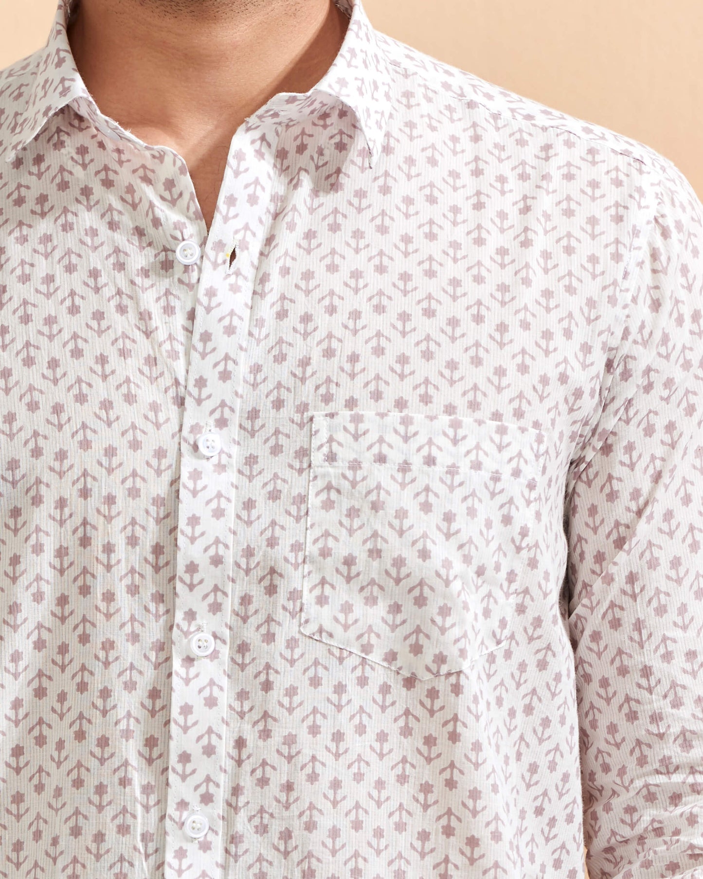 White Full Sleeve Cotton Hand Block Printed Men's Shirt