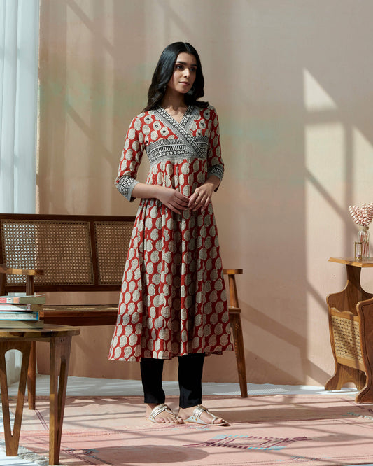 Hand Block Bagru Printed Kurta With Hand Emb