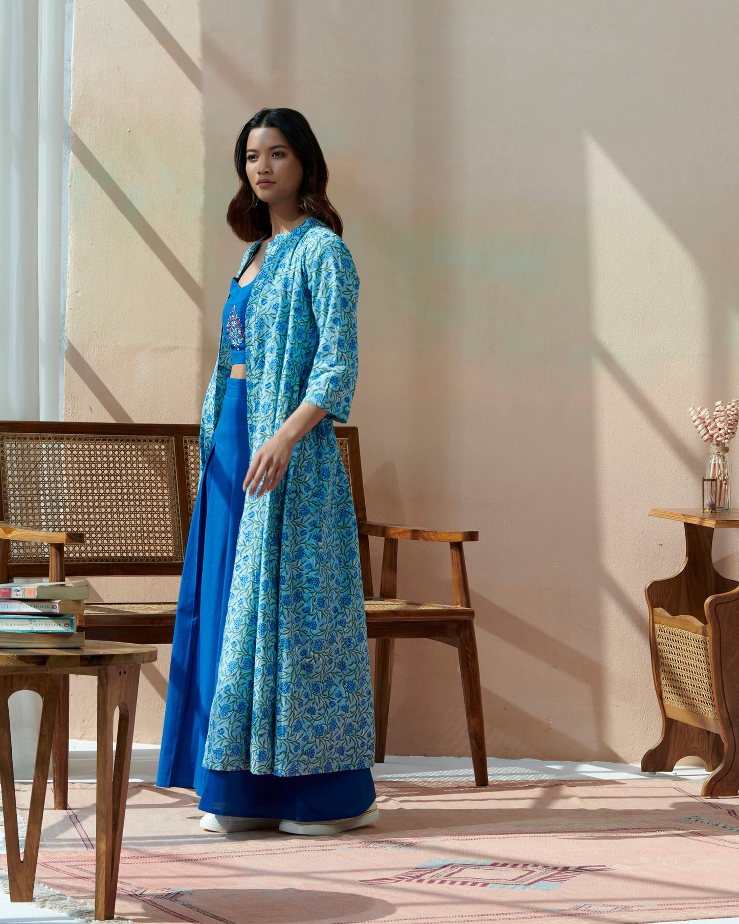 Hand Block Kalamkari Printed Jacket With Rayon Pleated Stylish Loose Pant Top With Hand Emb