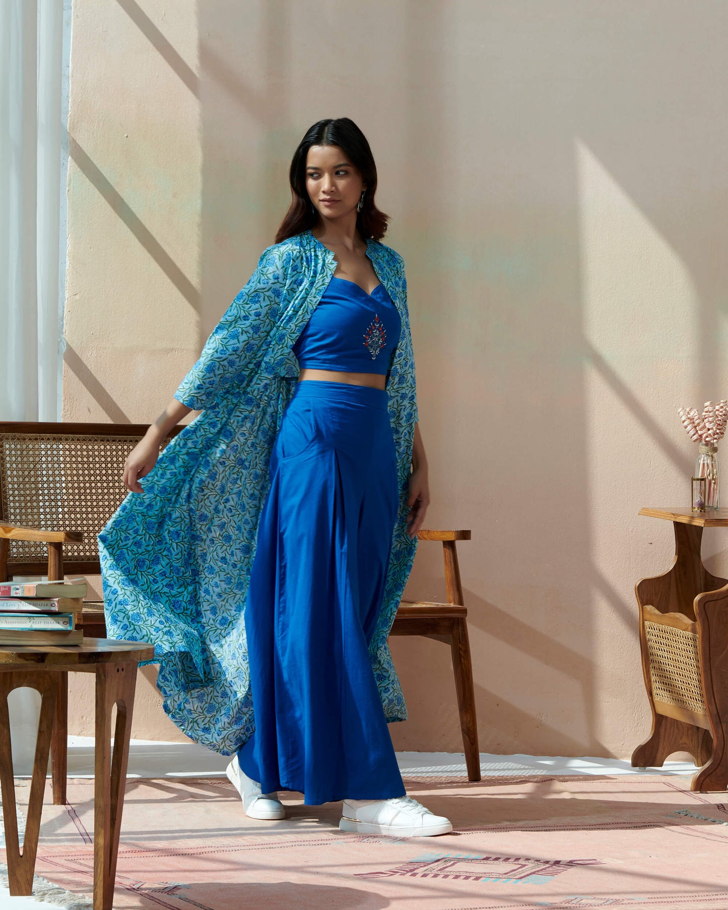 Hand Block Kalamkari Printed Jacket With Rayon Pleated Stylish Loose Pant Top With Hand Emb