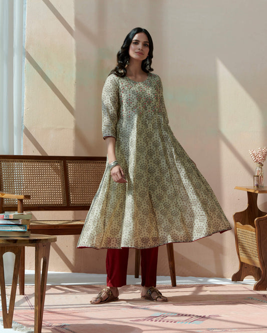Hand Block Printed Kurta With Yoke Emb