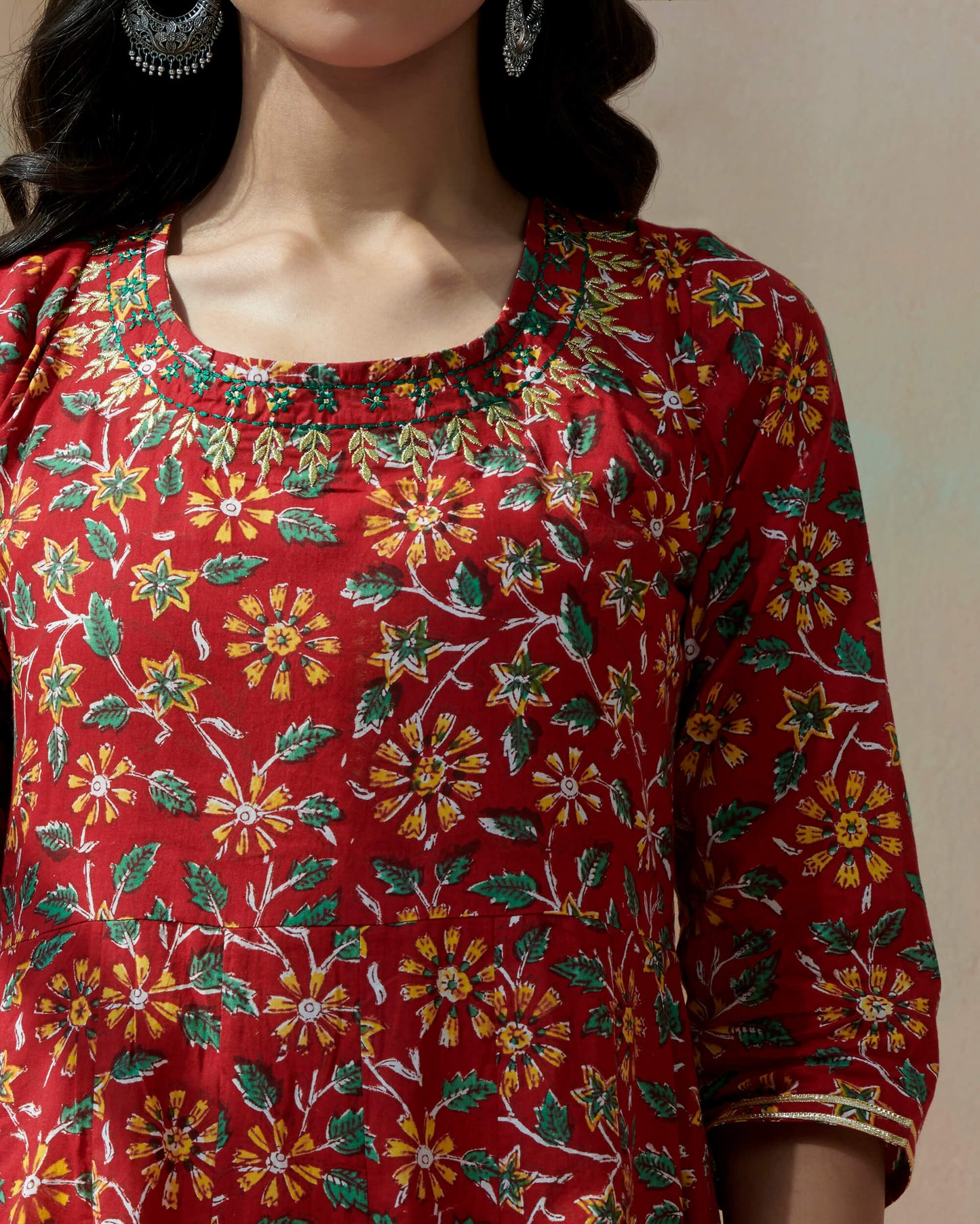 Hand Block Bagru Printed Kurta Neck Emb. With Gotta Lace