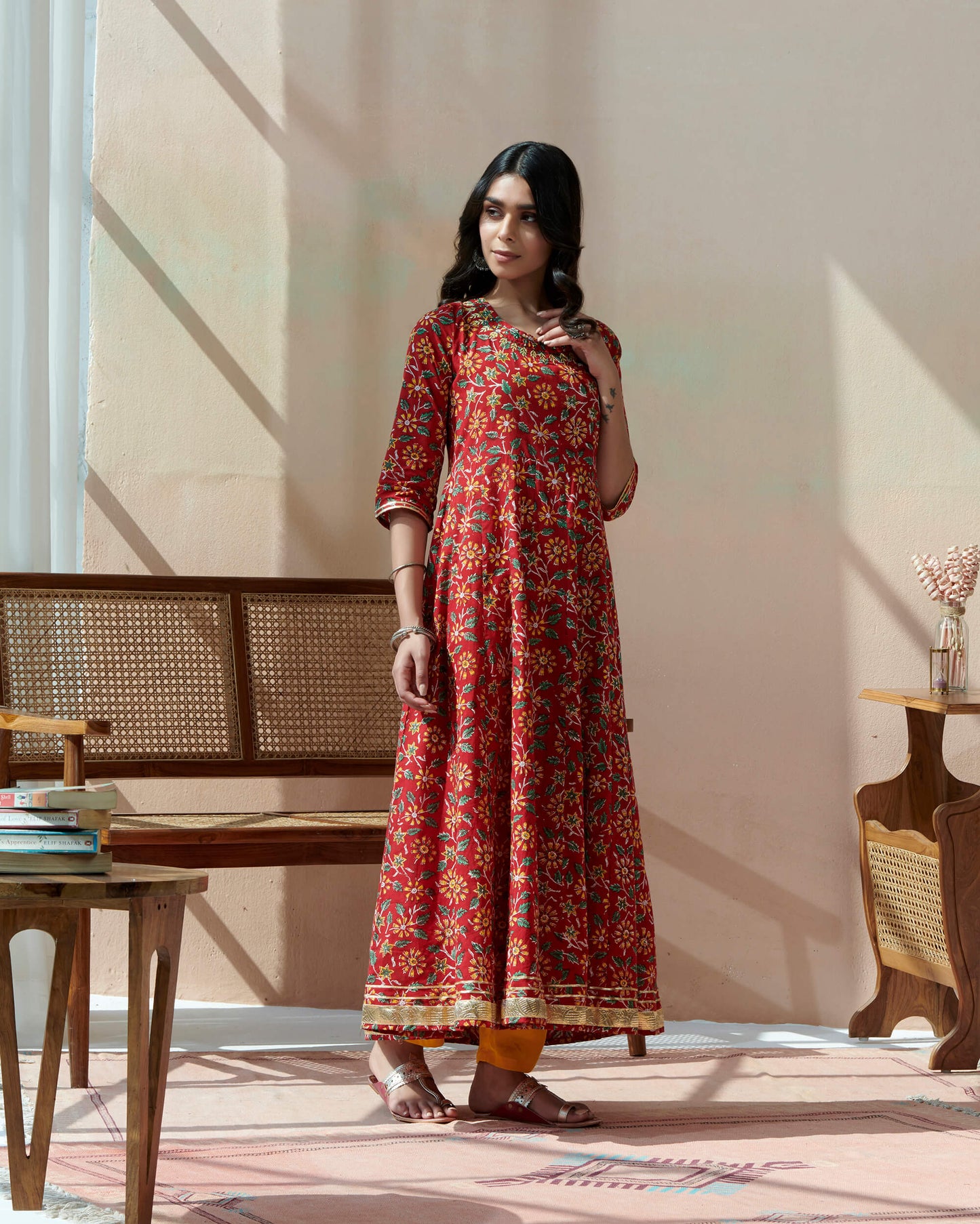 Hand Block Bagru Printed Kurta Neck Emb. With Gotta Lace