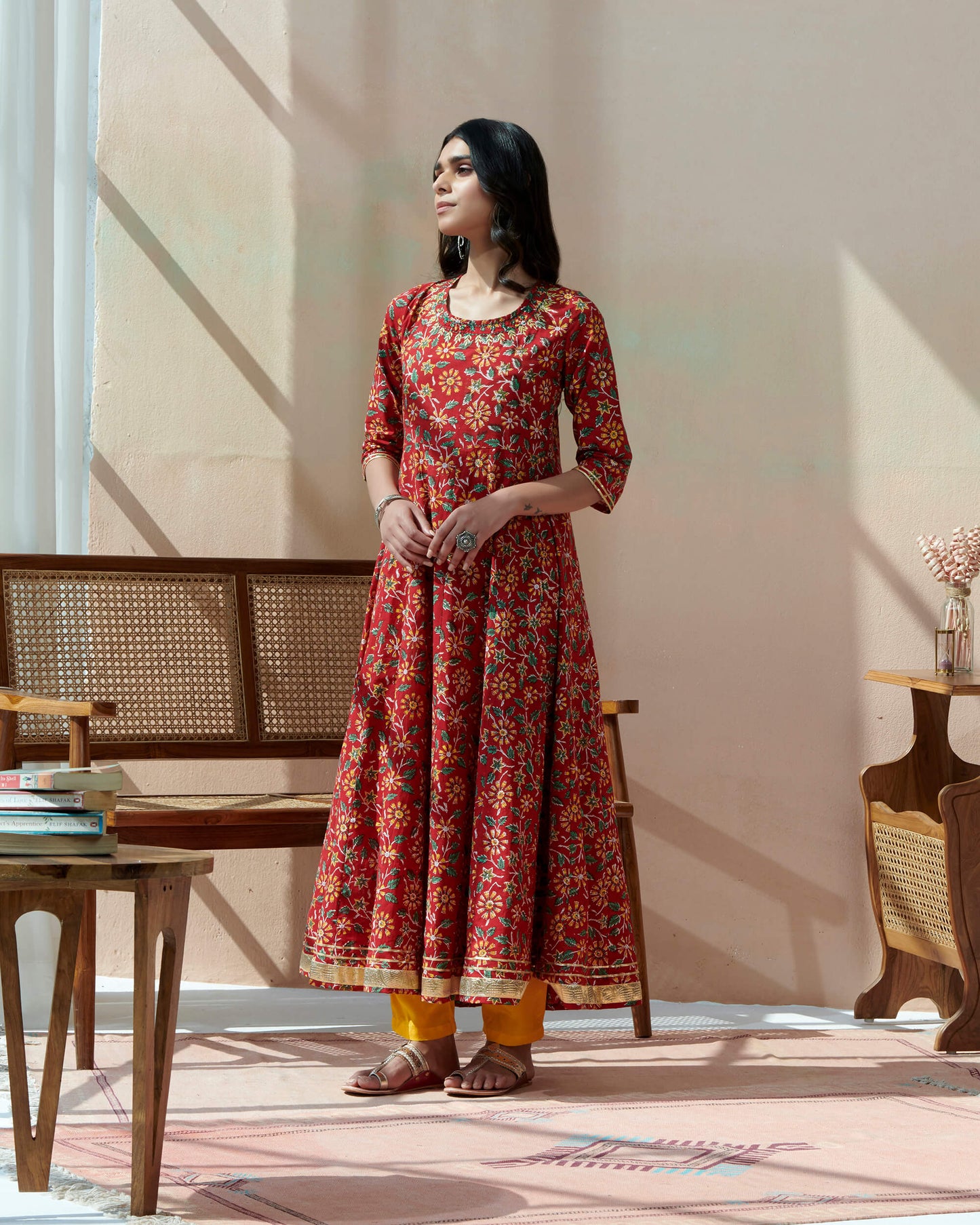 Hand Block Bagru Printed Kurta Neck Emb. With Gotta Lace