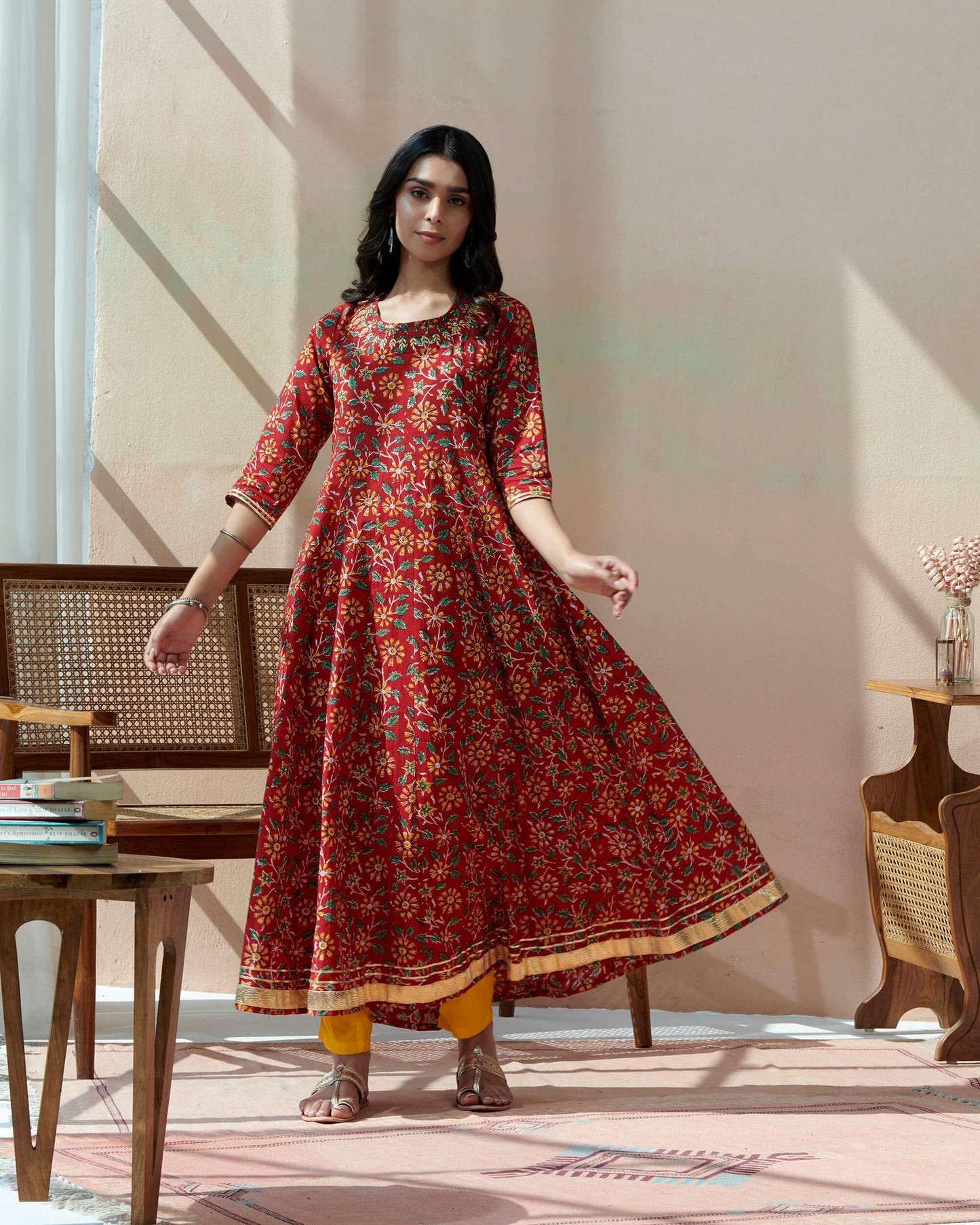 Hand Block Bagru Printed Kurta Neck Emb. With Gotta Lace