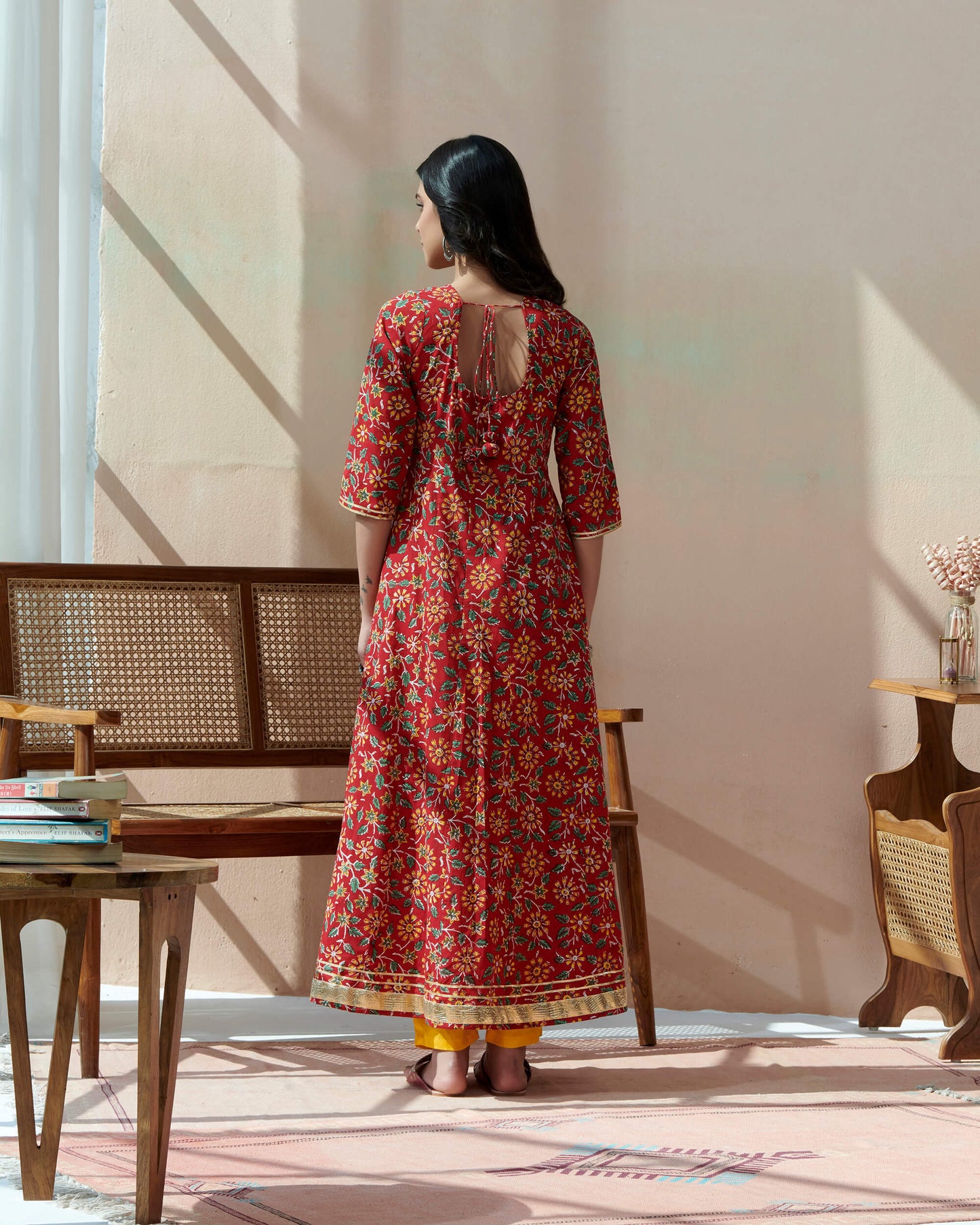 Hand Block Bagru Printed Kurta Neck Emb. With Gotta Lace