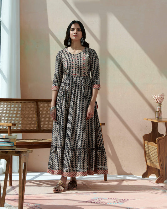 Hand Block Bagru Printed Tiered Dress With Emb At Yoke