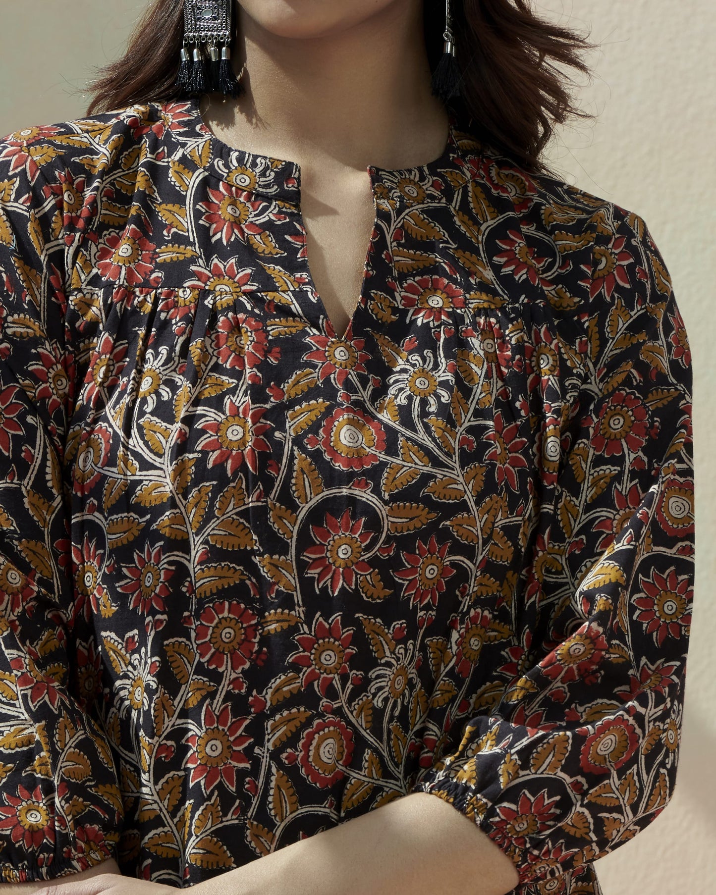 KalamKari Printed Casual Top With Elasticated Sleeve