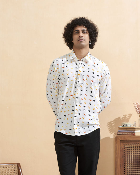 Full Sleeves White Crepe Casual Printed Men's Shirt