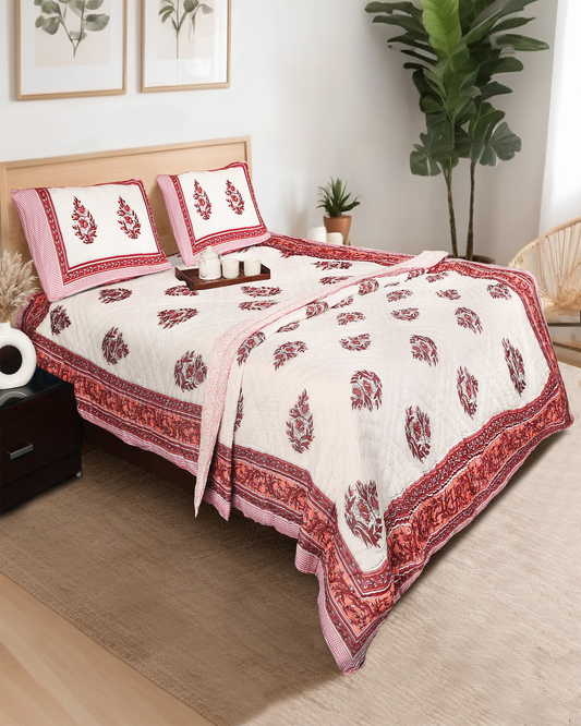 White Hand Block Printed Reversible Double Bed Hand Quilting Quilt Set