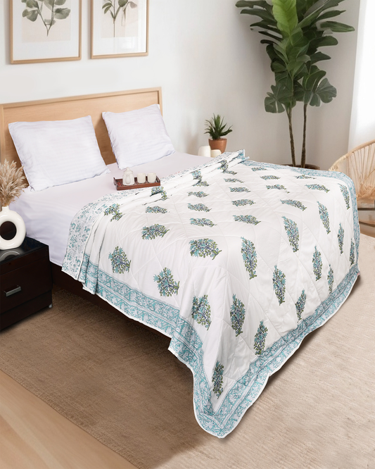 White Hand blocked Printed Reversible Double Bed Quilt