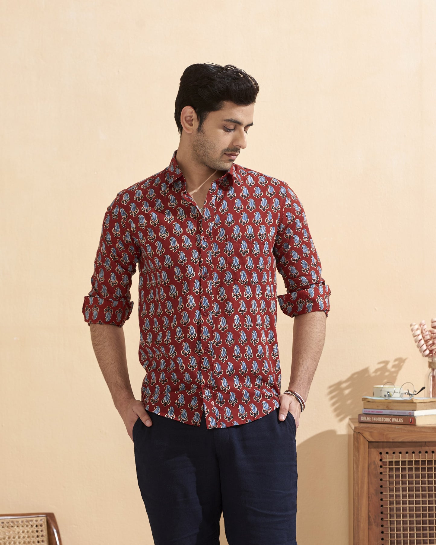 Maroon Full Sleeve Cotton Hand Block Printed Men's Shirt