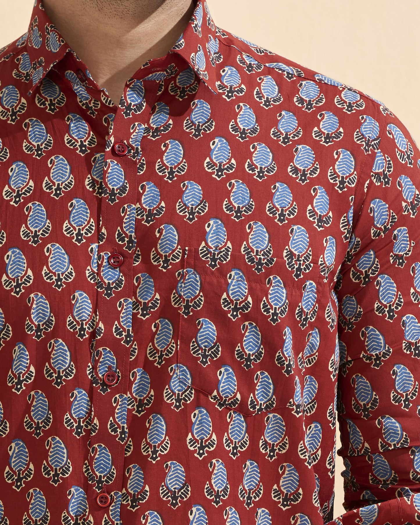 Maroon Full Sleeve Cotton Hand Block Printed Men's Shirt