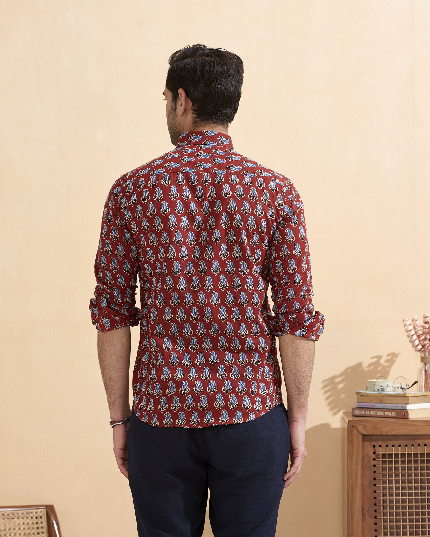 Maroon Full Sleeve Cotton Hand Block Printed Men's Shirt