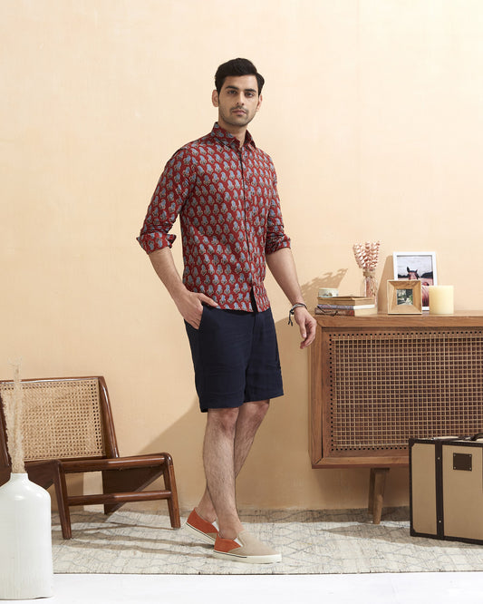 Maroon Full Sleeve Cotton Hand Block Printed Men's Shirt