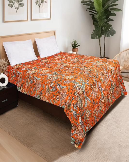 Orange Handblocked Printed Hand Kantha Double Bed Dohar/Bed Cover