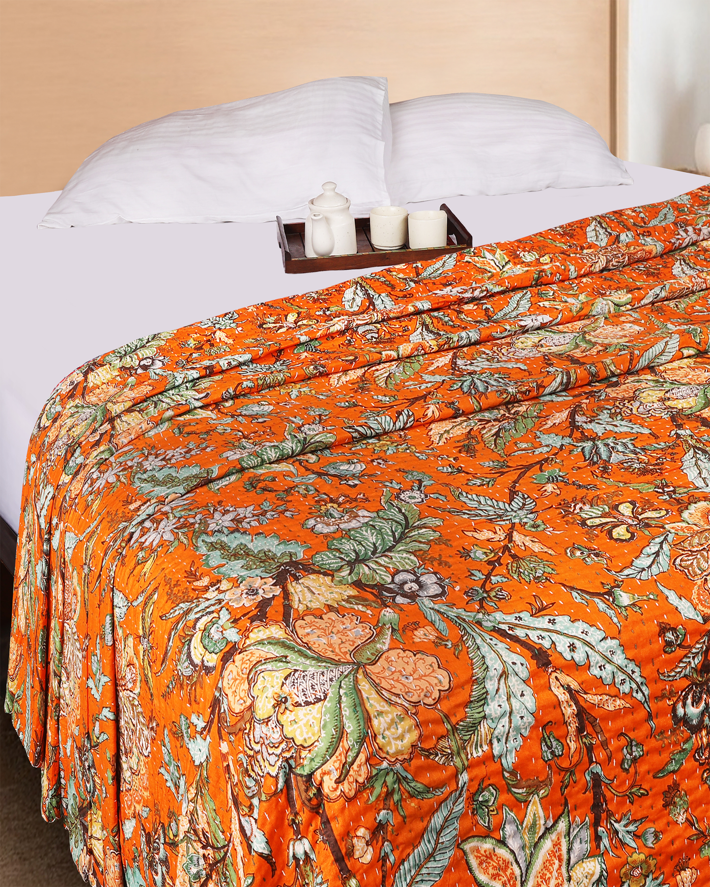 Orange Handblocked Printed Hand Kantha Double Bed Dohar/Bed Cover