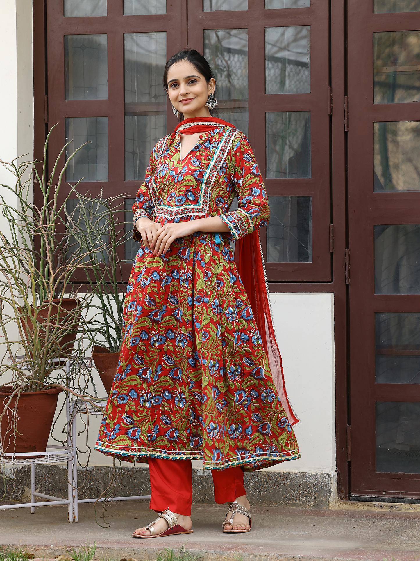 Red Hand Block Cotton Printed Anarkali Kurta Set