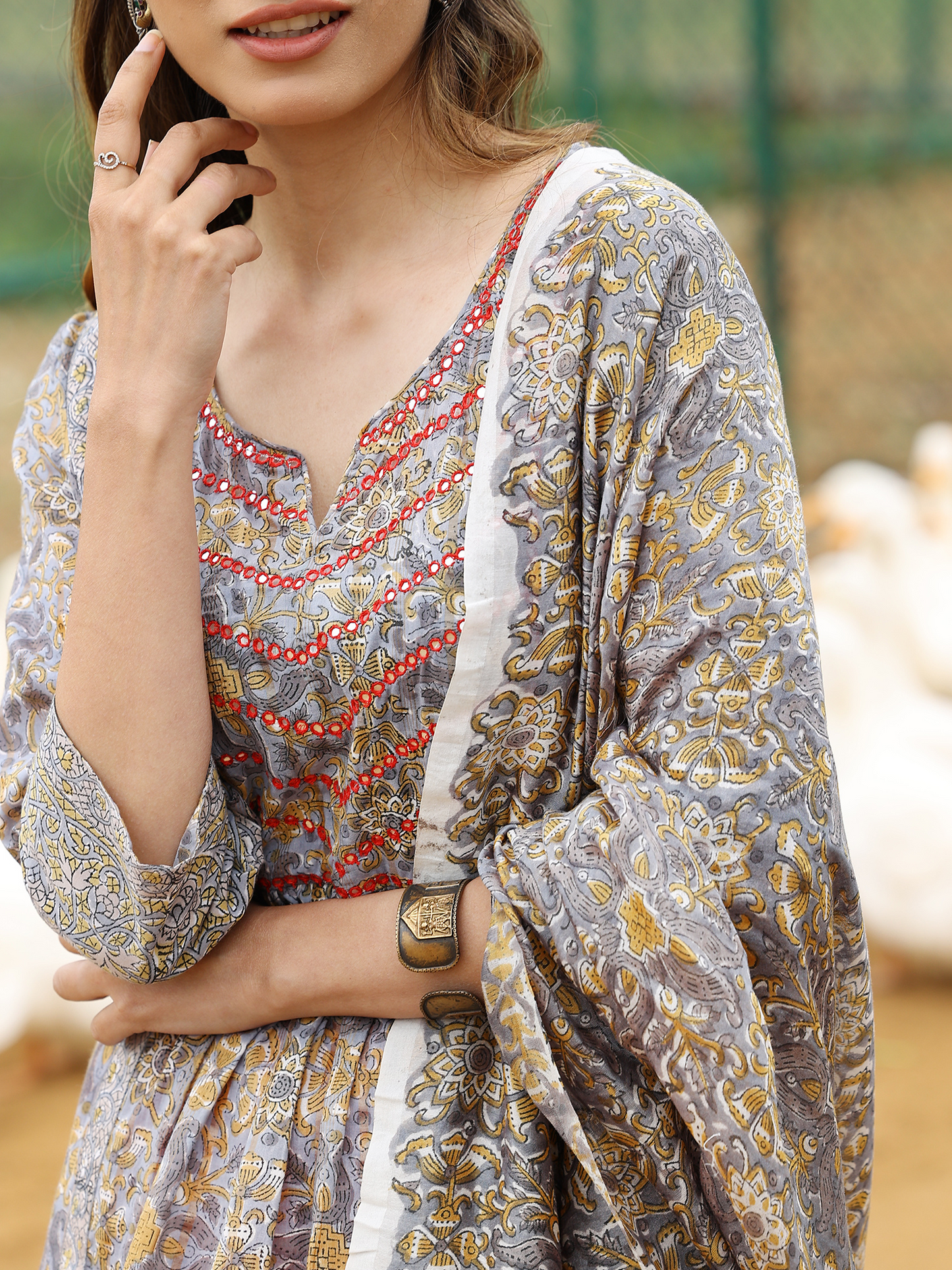 Grey Hand Block Printed Anarkali Kurta Set with Pant & Chiffon Dupatta