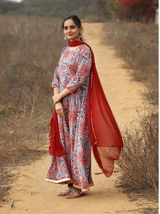 Pink Hand Block Printed Cotton Anarkali Kurta Set with Sequin Work & Shiffon Dupatta