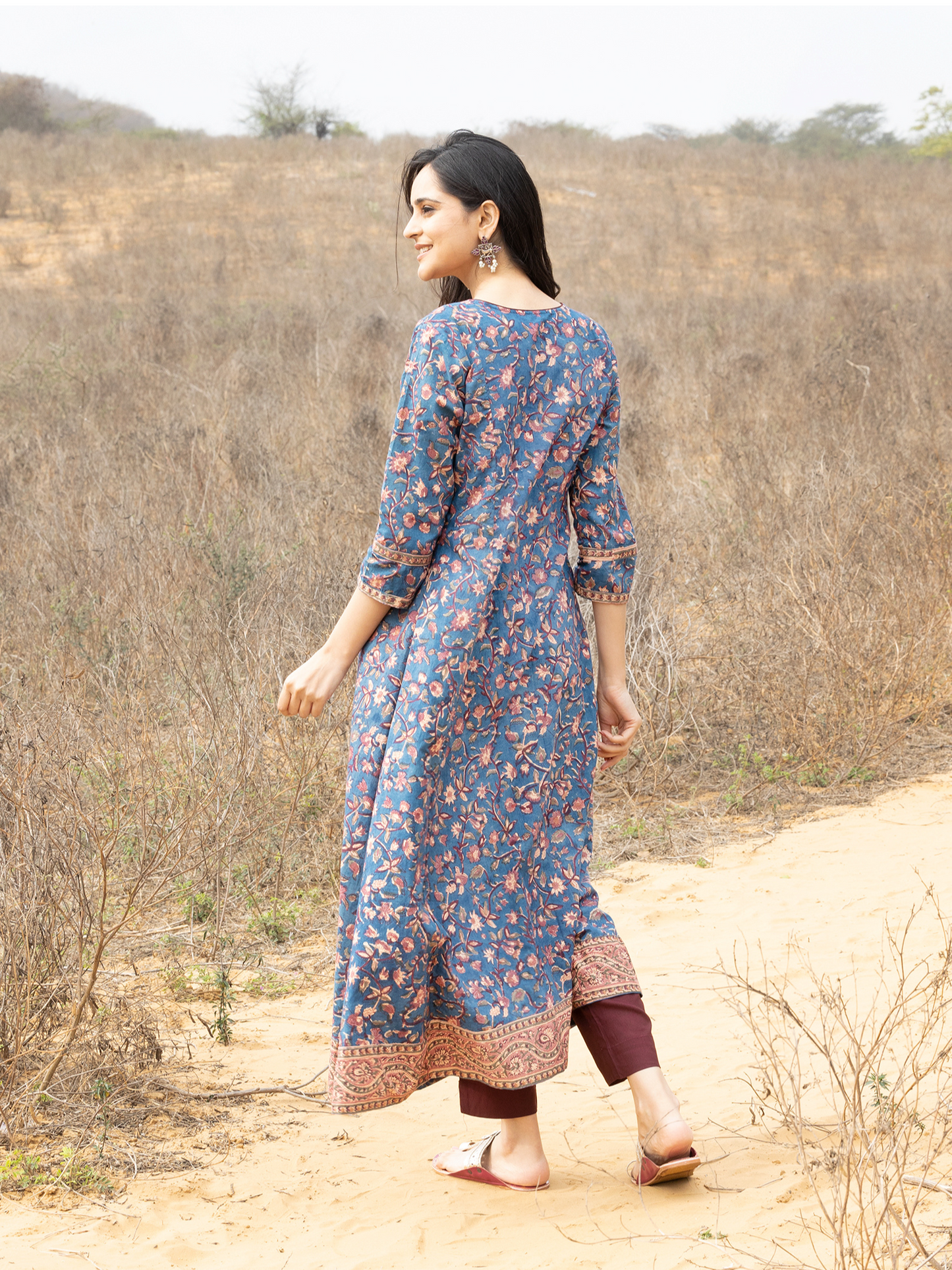 Blue Hand Block Printed Cotton A-Line Kurta Set with Plain Pant & Chiffon Dupatta