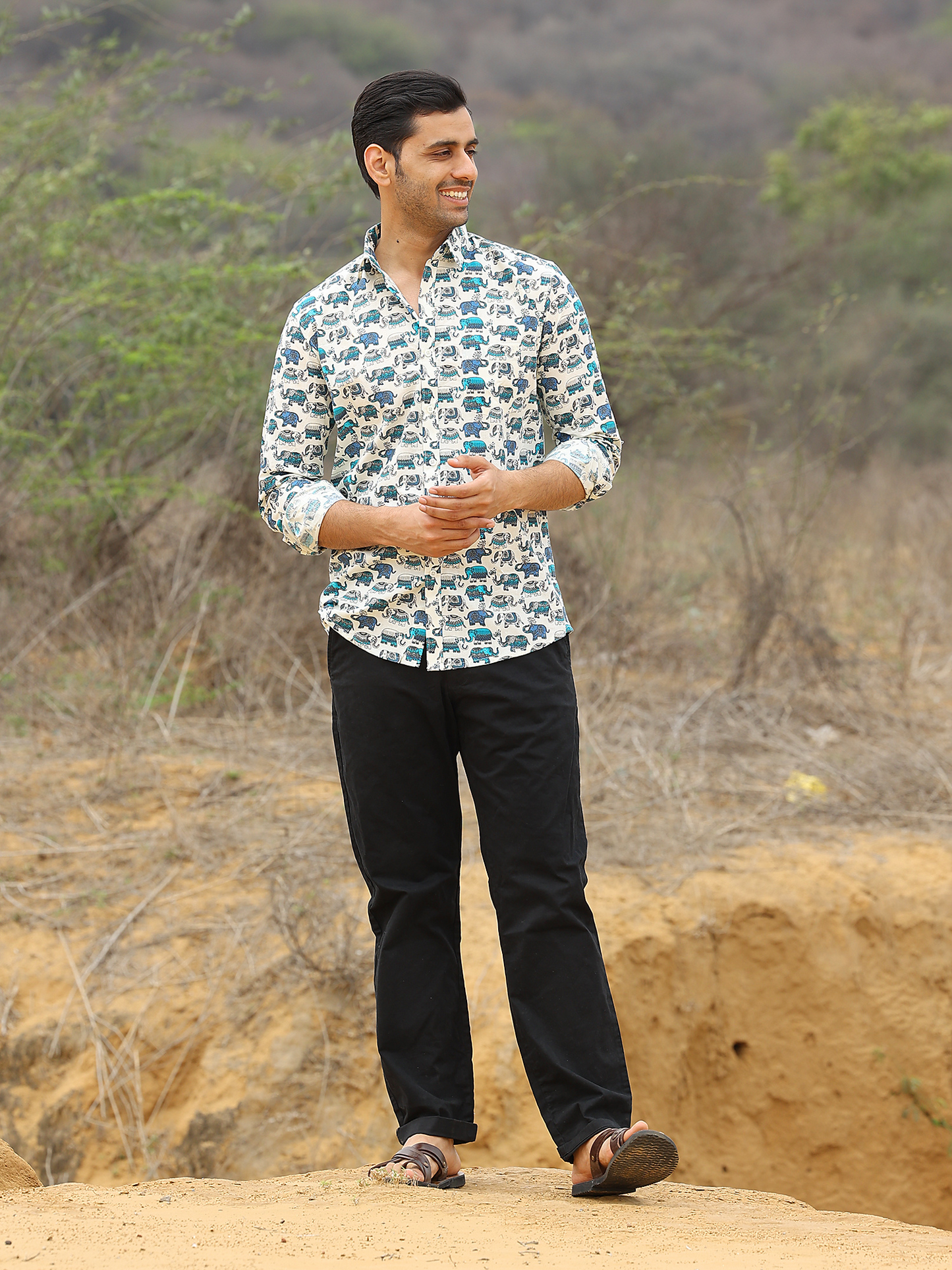 Full Sleeve Hand Block Elephant Printed Mens Cotton Shirt (Blue)