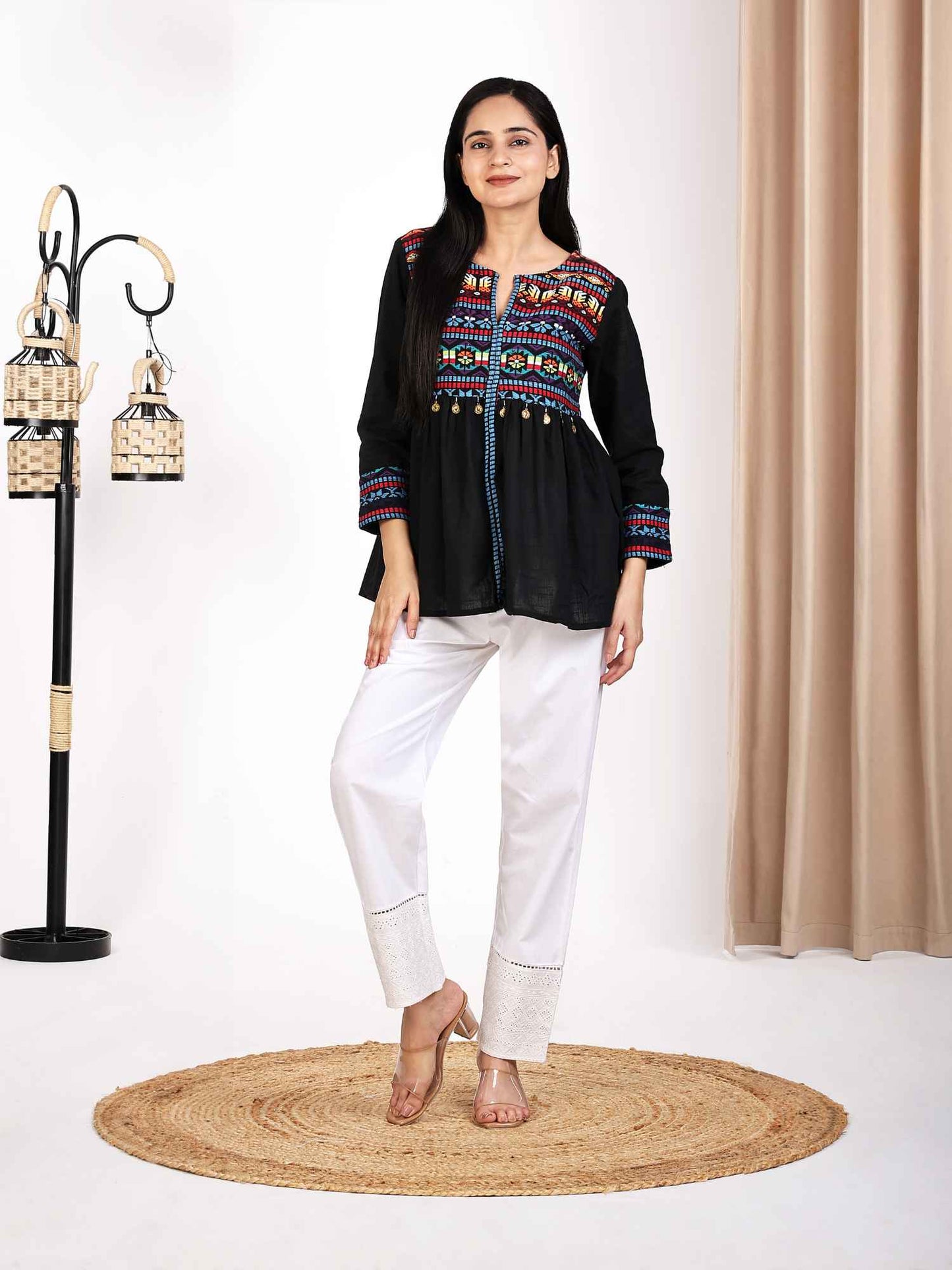 Black Jacquard Weave Peplum Top for Women Round V Neck