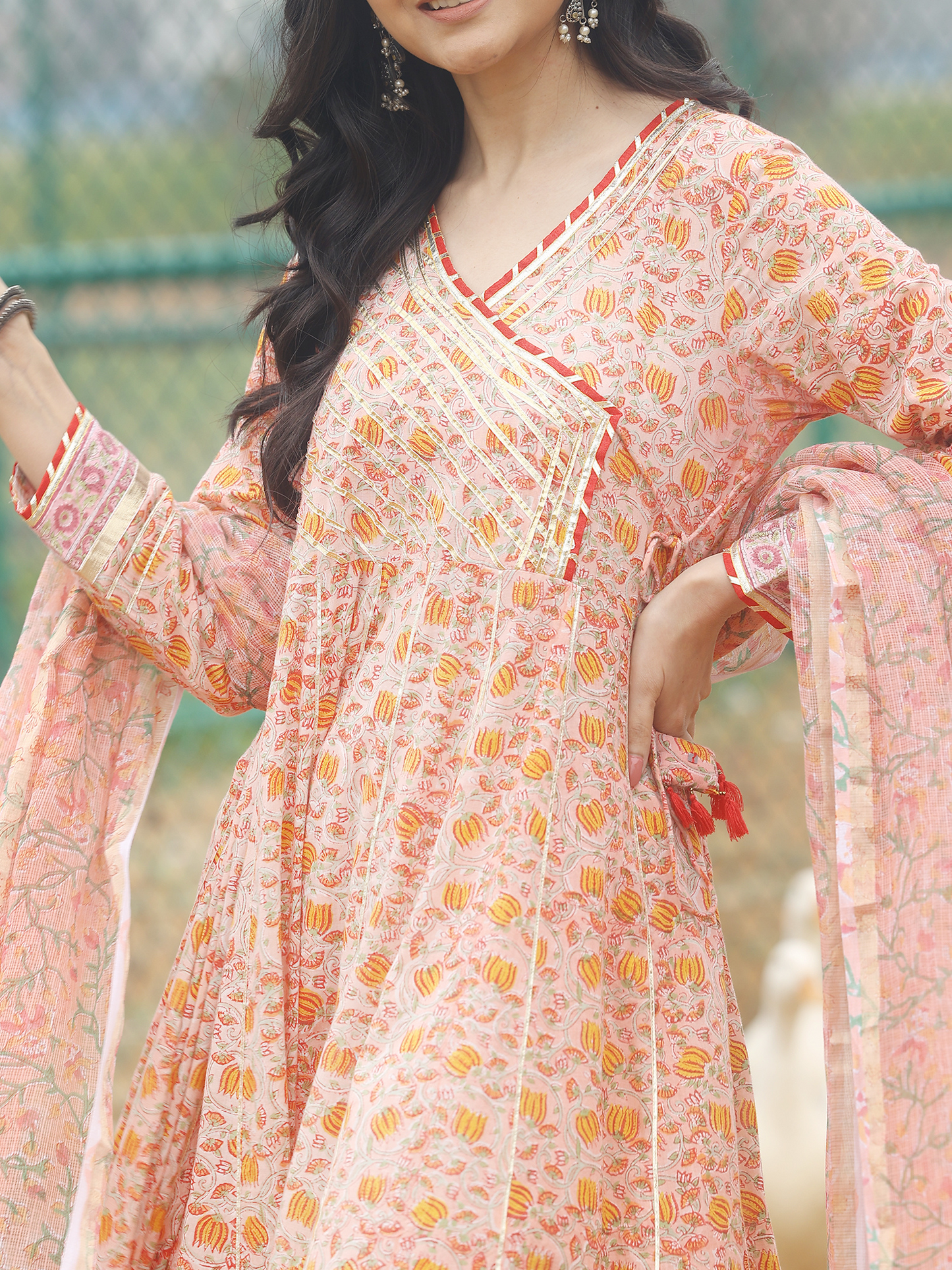 Peach Hand Block Printed Heavy Anarkali Kurta Set with Gotta Work & Kota Doriya Dupatta