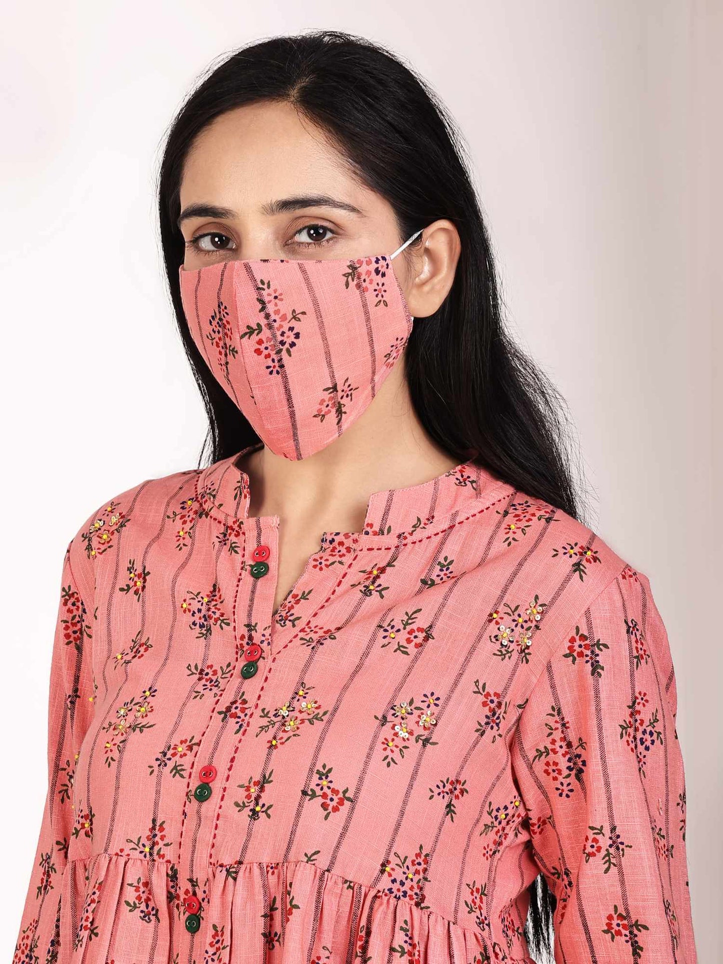 Women's Pink Floral Printed Peplum Top with Embroidery at Yoke Pure Cotton