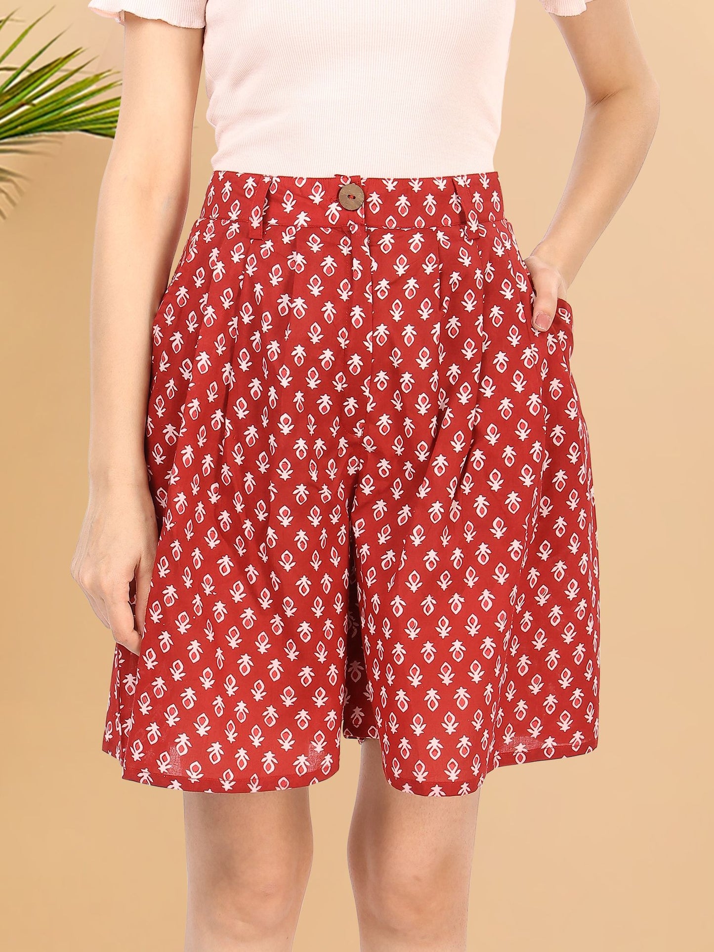 Red Hand Block Printed Cotton Shorts