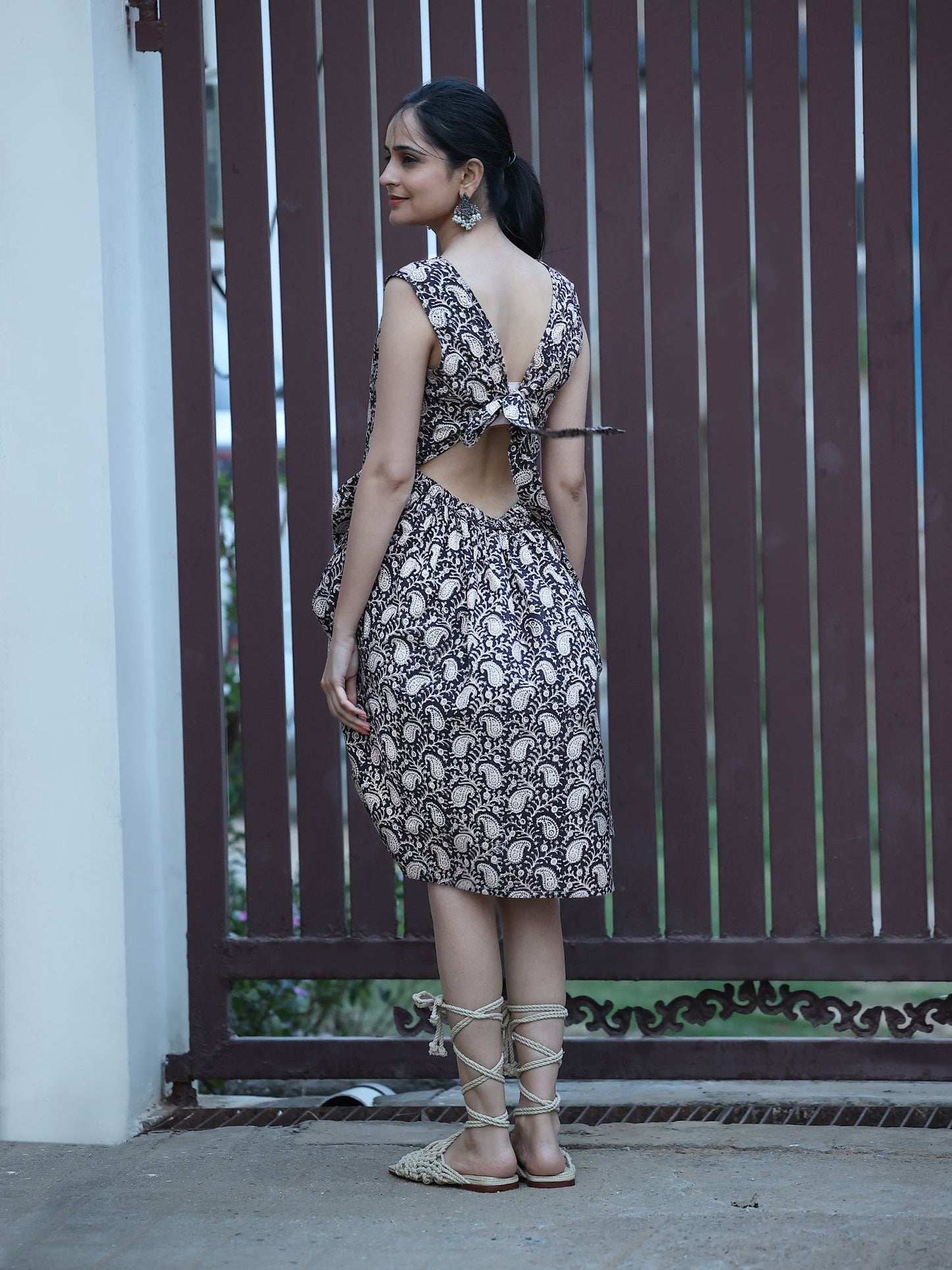 Black Cotton Hand Block Bagru Printed Stylish Back Dress