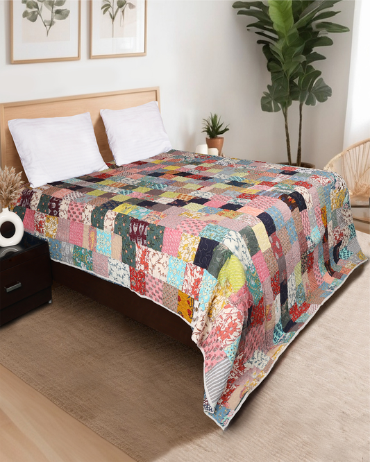 Patchwork Handblocked Printed Hand Kantha Double Bed Dohar/Bed Cover