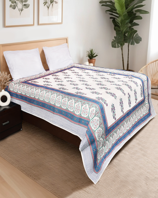 White Hand Blocked Printed Reversible Double Bed Quilt