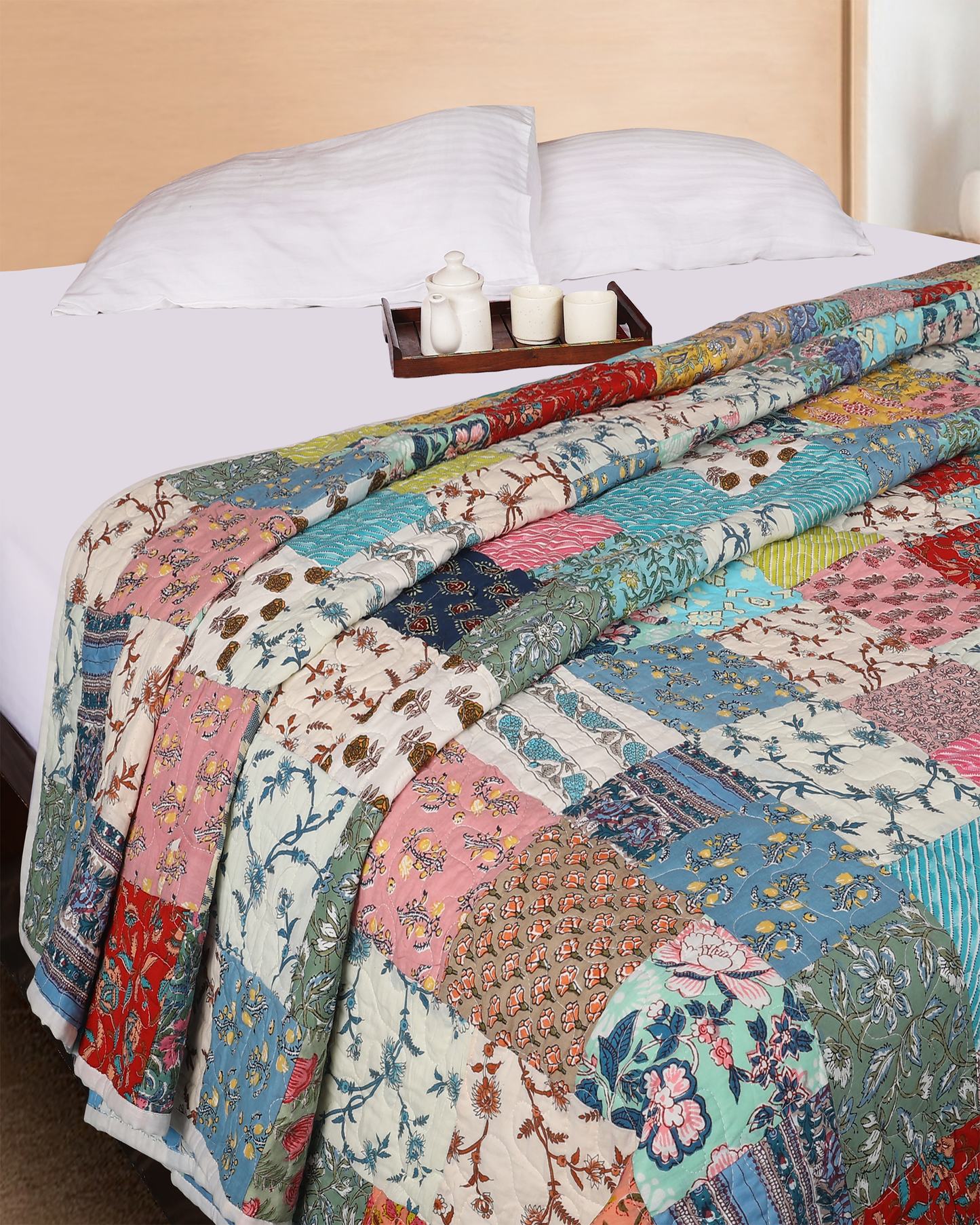 White Patchwork Hand blocked Printed Hand Kantha Double Bed Dohar/Bed Cover